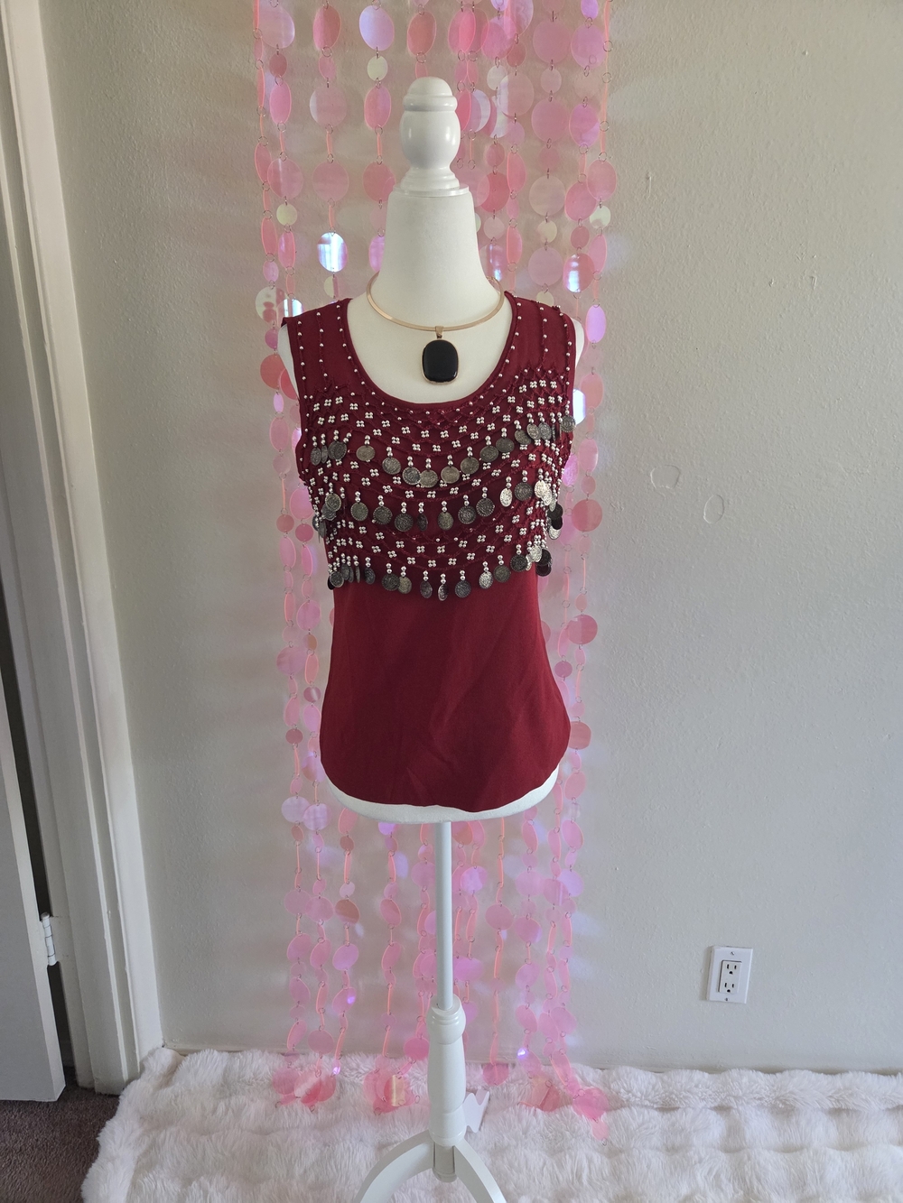 Joseph A Maroon Sleeveless Tank with Metallic Coin Fringe